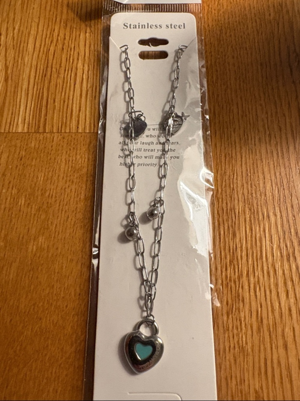 Stainless Steel Silver tone Heart Necklace with Teal Inlay - Picture 2 of 3